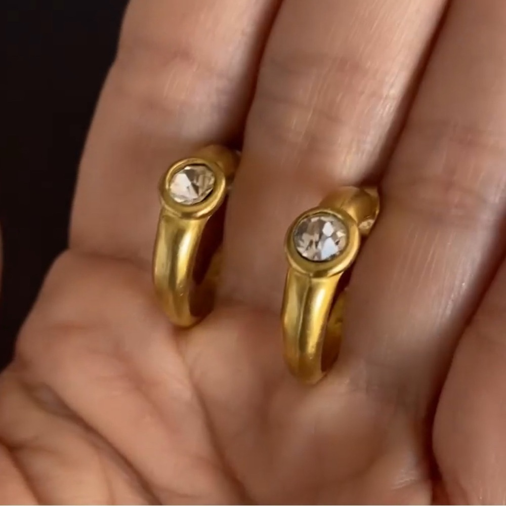 Vintage Gold Tone Crystal Hoop Earrings Huggie Bezel Set Minimalist Jewelry - Picture 5 of 8